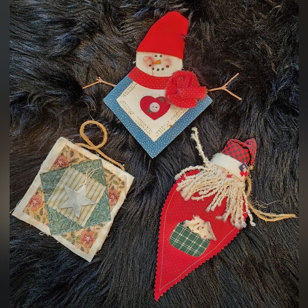 Set of 3 Fabric Christmas Ornaments Quilted Santa Snowman & Rustic Quilt